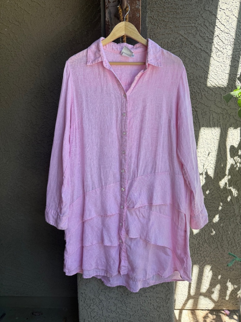 Finley Jenna 100% Linen Pink Layered Ruffle Tunic Shirt Dress Large Made USA - Picture 2 of 15